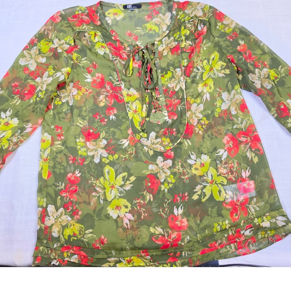 KUT from the Kloth Olive Green Floral Cottage Lace Up Blouse Size S KT69701 Boho